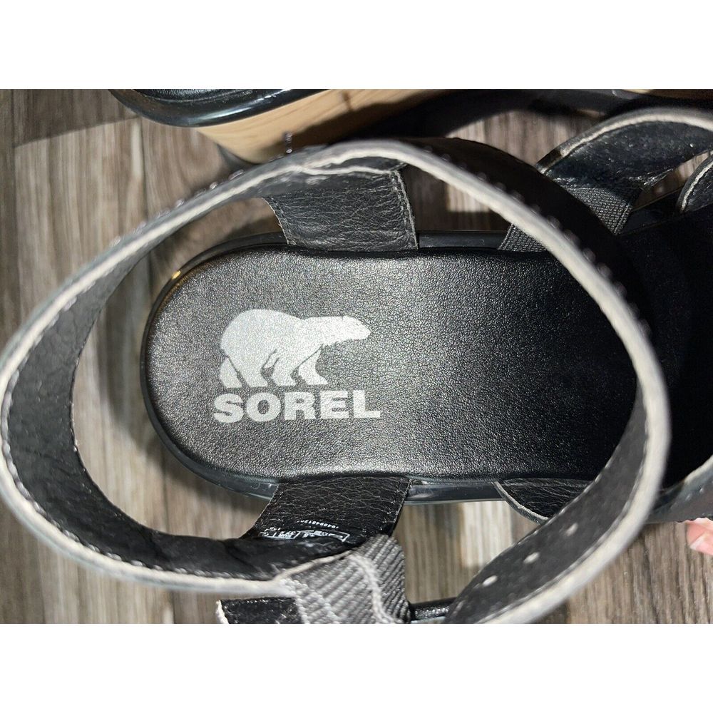 Sorel Black Leather Strappy Wedge Sandals with Wood-Effect Platform - Picture 6 of 7